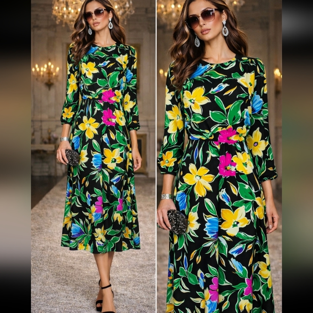 Vintage 80s Koru New York Floral Dress Sz 4 Tropical Print Boatneck Midi Puff